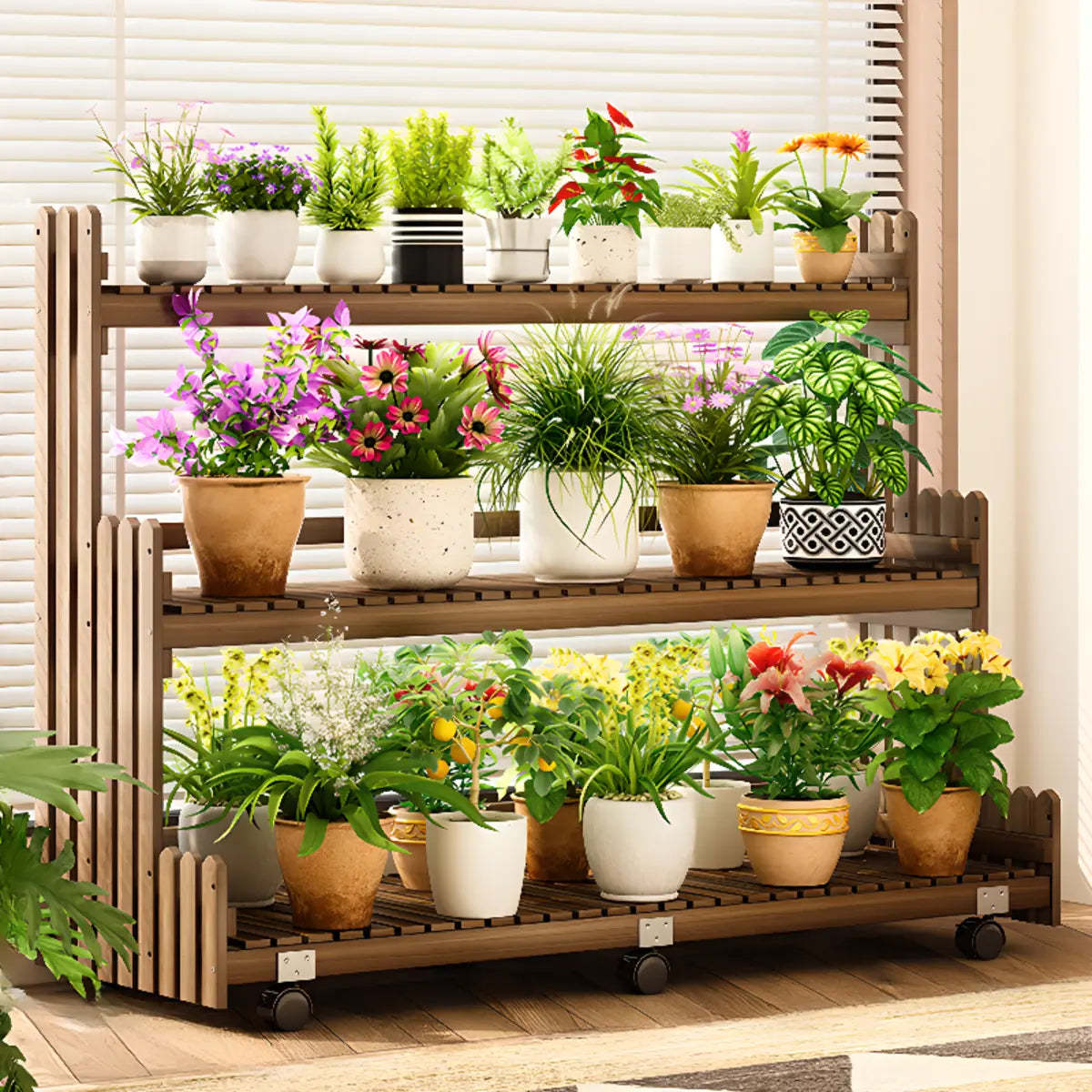 Brown Multi-Tier Wood Rolling Large Plant Stand