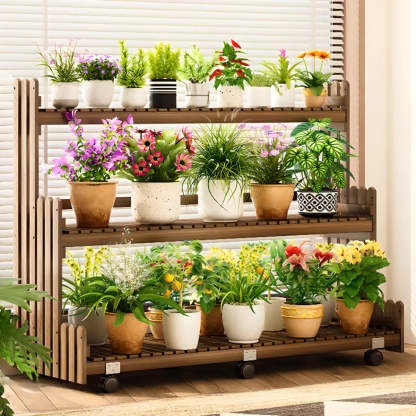 Brown Multi-Tier Wood Rolling Large Plant Stand
