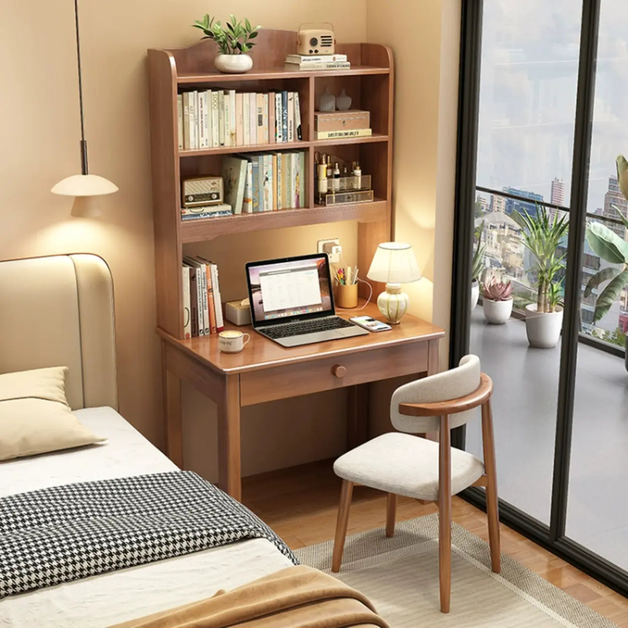 Brown Natural Wood Desk with Hutch and Storage — White / Table Only