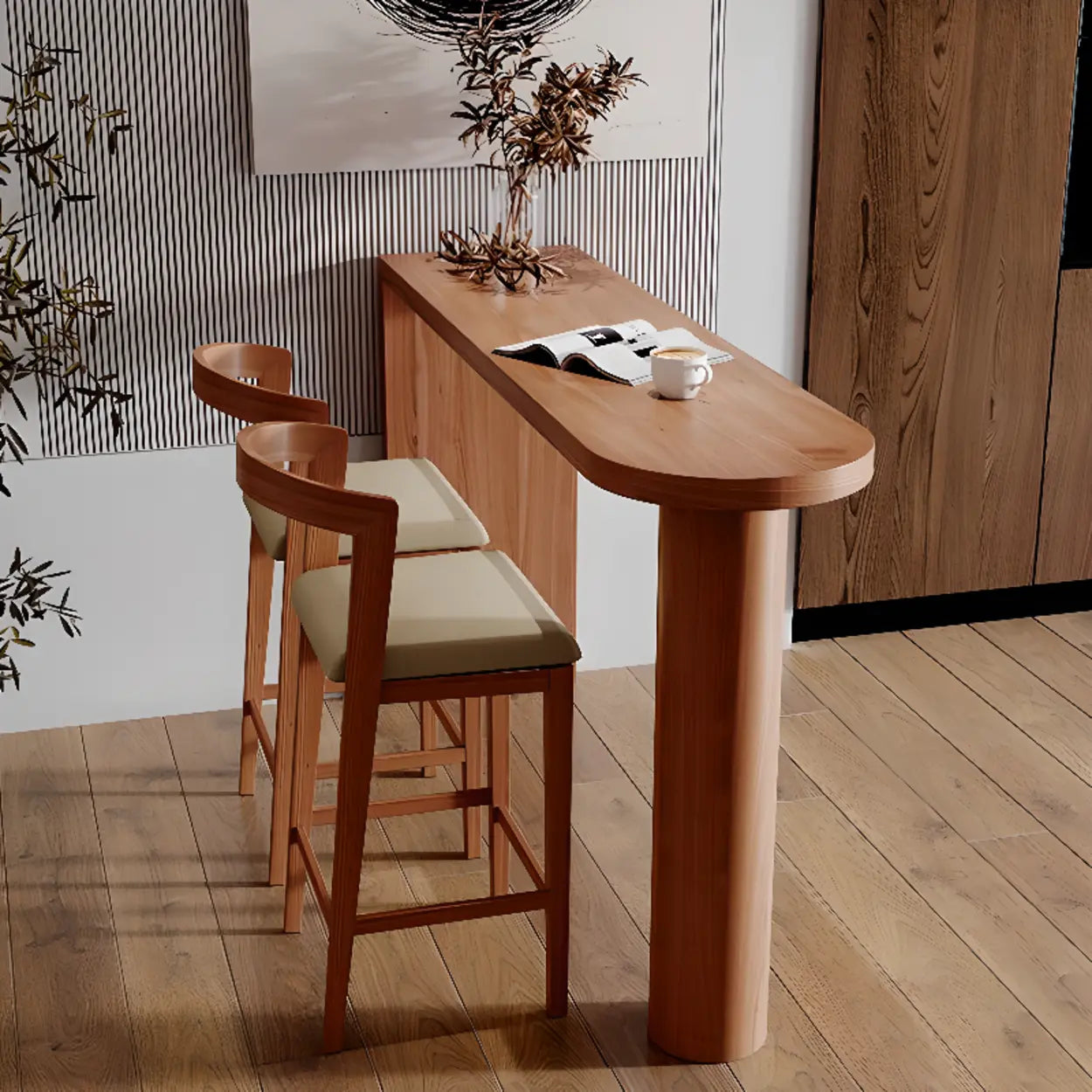 Brown Oval Wood Double Pedestal Bistro Bar Table — Without Chairs