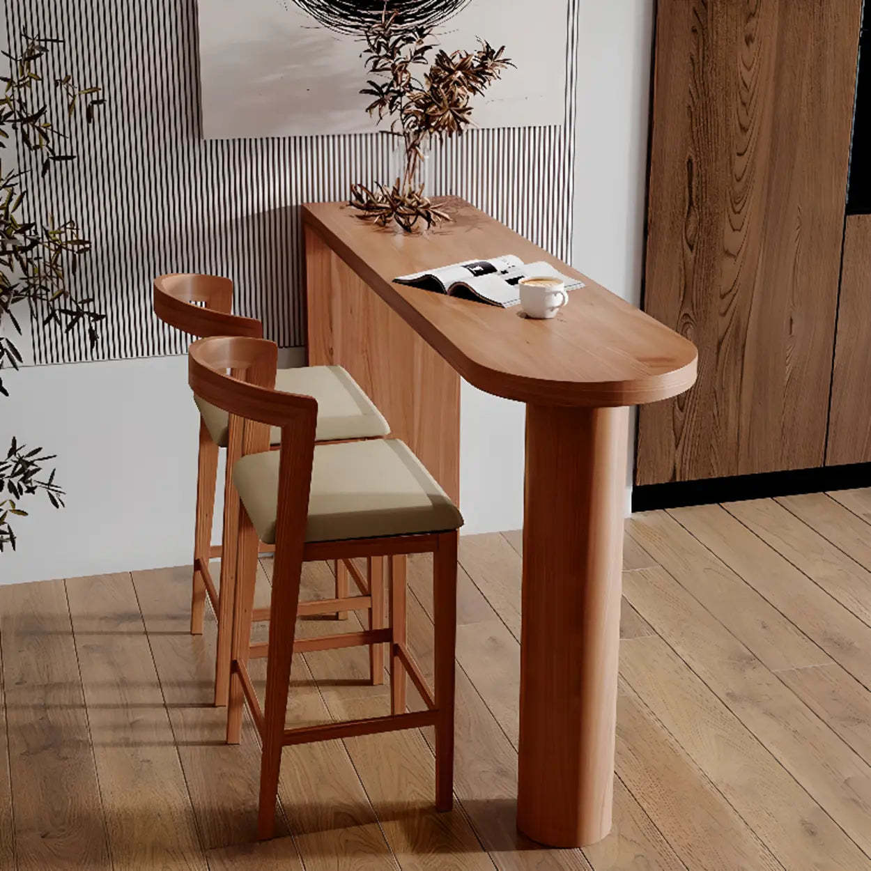Brown Oval Wood Double Pedestal Bistro Bar Table — Without Chairs