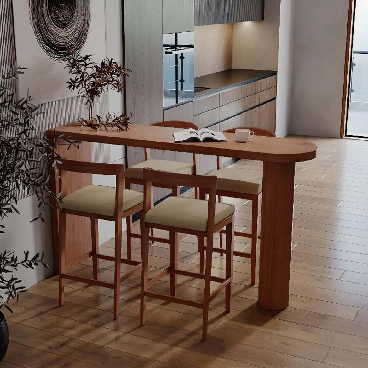 Brown Oval Wood Double Pedestal Bistro Bar Table — Without Chairs