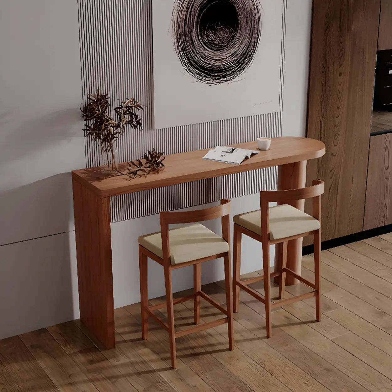 Brown Oval Wood Double Pedestal Bistro Bar Table — Without Chairs