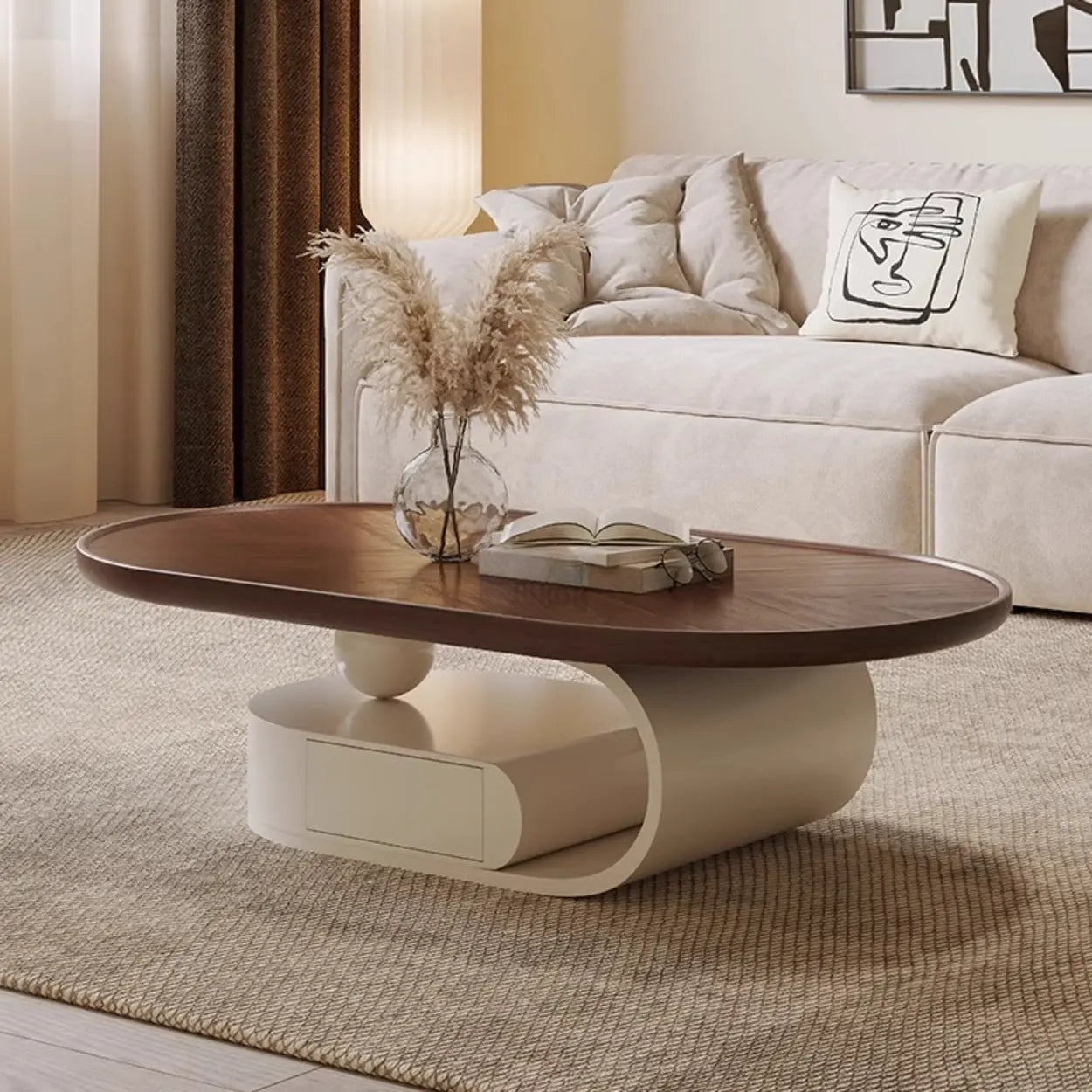 Brown Oval Wood Tray Top Abstract Base Coffee Table