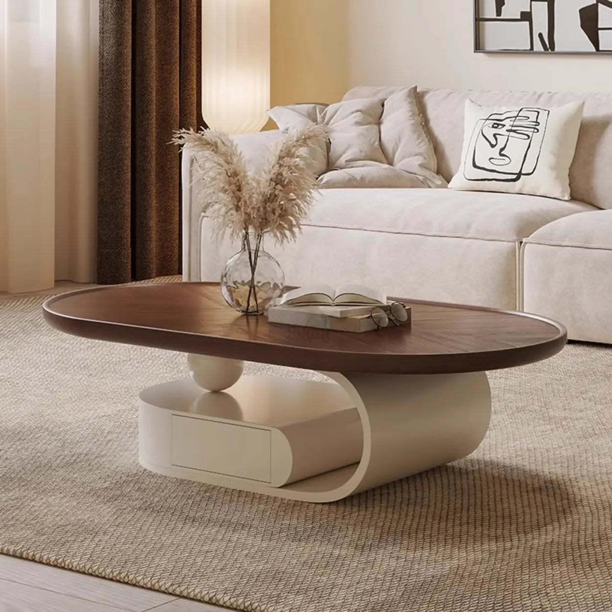 Brown Oval Wood Tray Top Abstract Base Coffee Table — Walnut