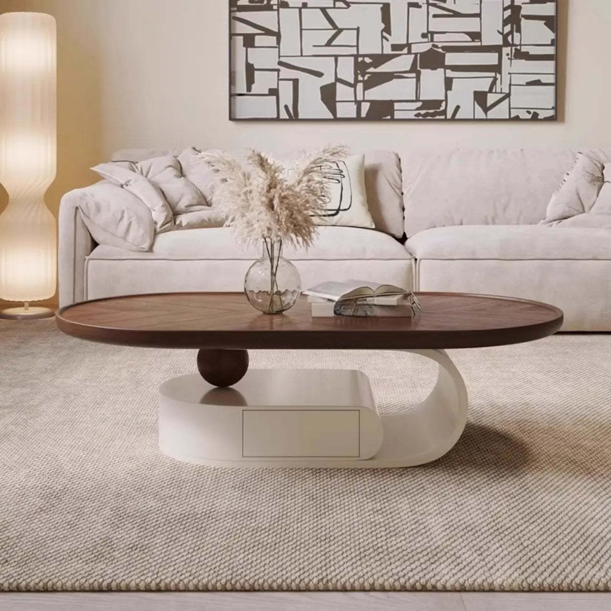 Brown Oval Wood Tray Top Abstract Base Coffee Table — Cream