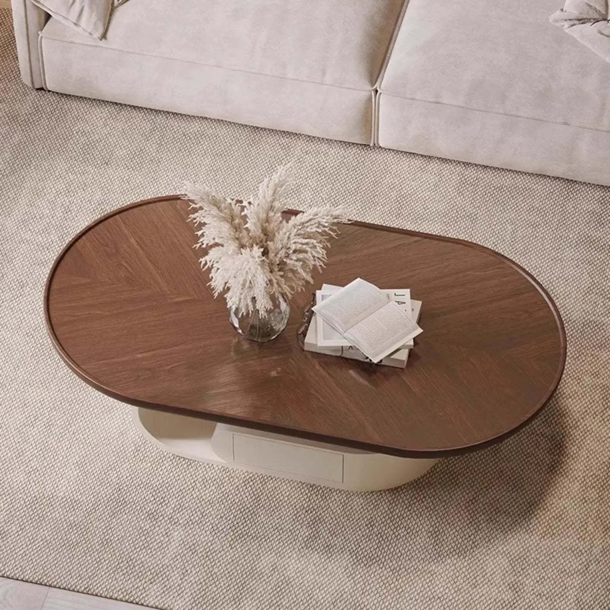 Brown Oval Wood Tray Top Abstract Base Coffee Table — Walnut