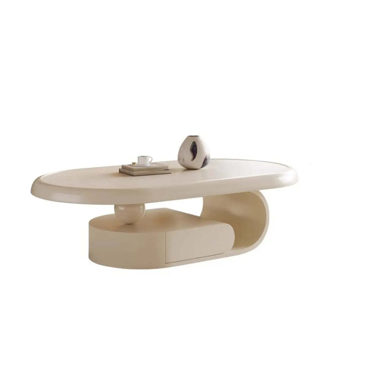 Brown Oval Wood Tray Top Abstract Base Coffee Table — Cream