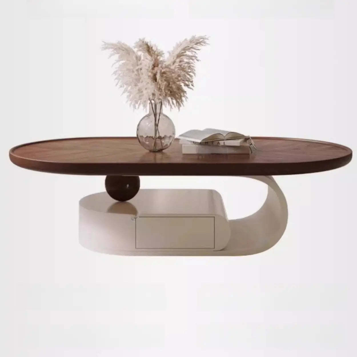 Brown Oval Wood Tray Top Abstract Base Coffee Table