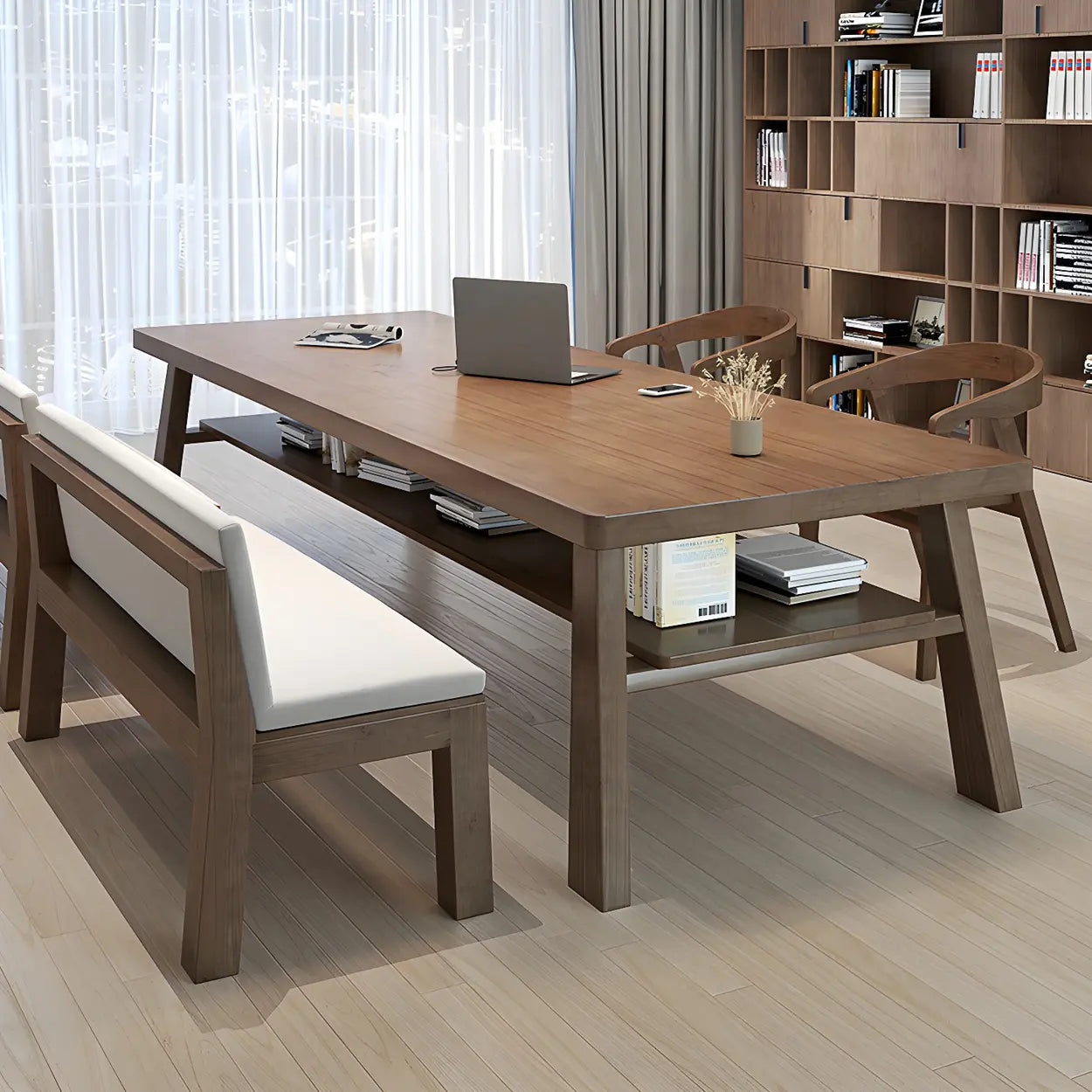 Brown Pine Rectangular Study Desk with Shelf — Table Only