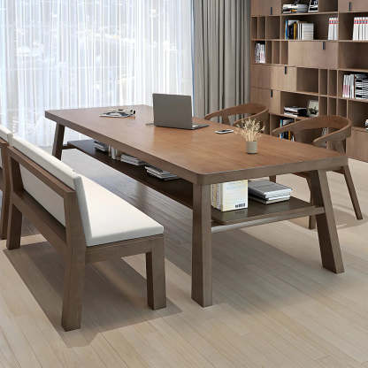 Brown Pine Rectangular Study Desk with Shelf — Table Only