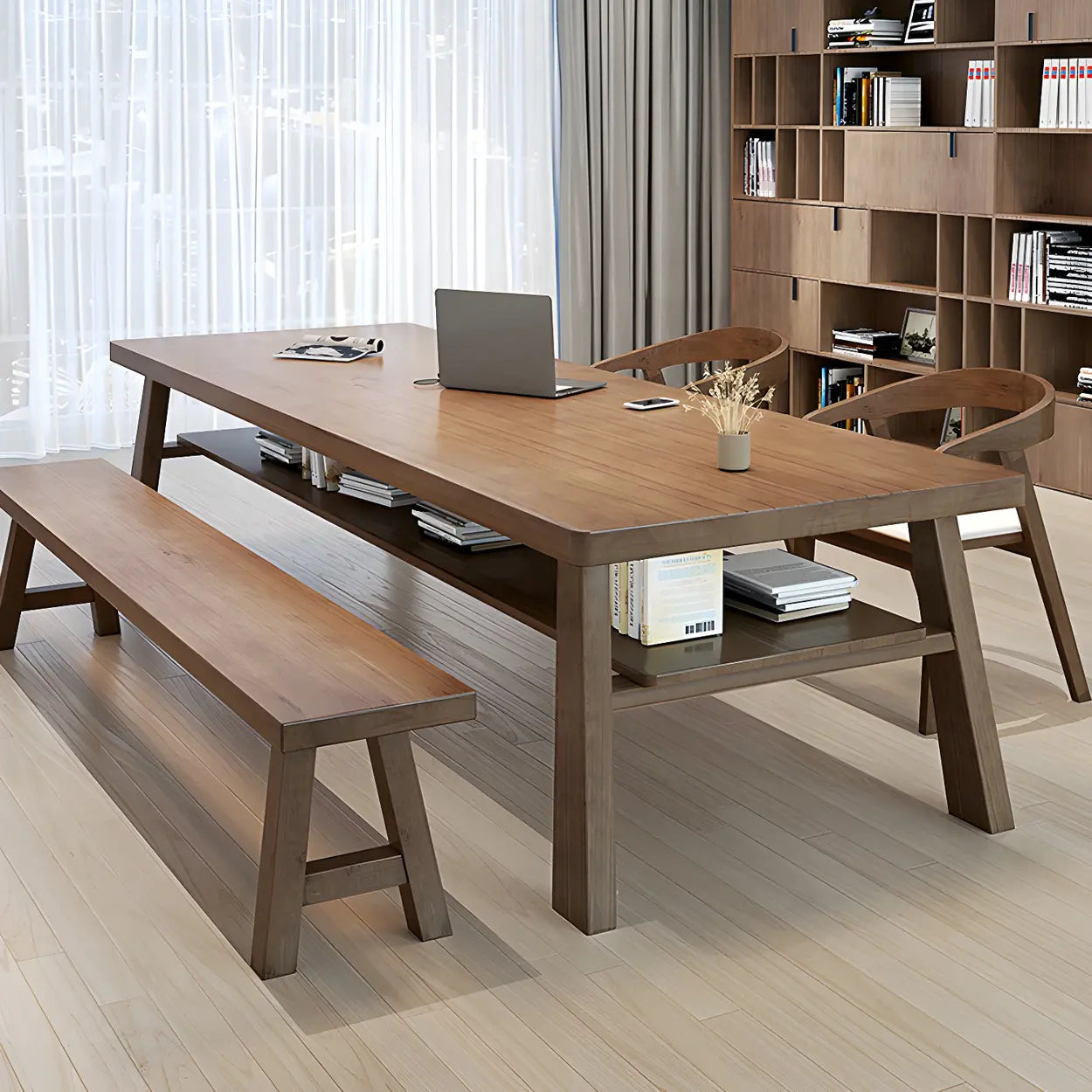 Brown Pine Rectangular Study Desk with Shelf — Table Only