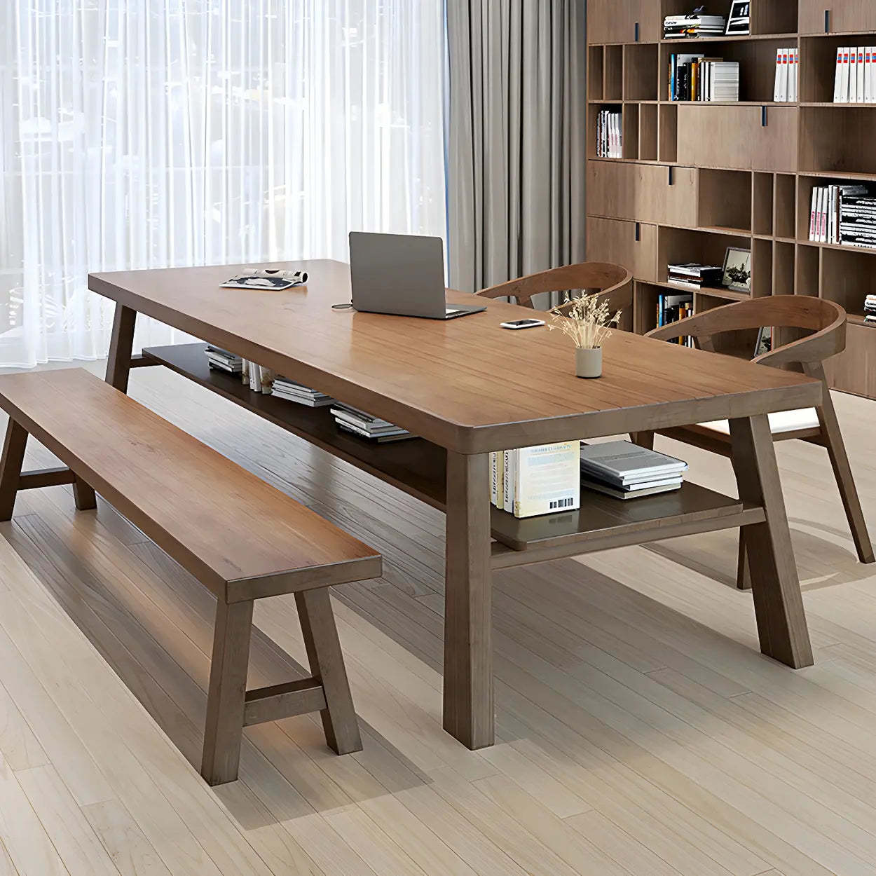 Brown Pine Rectangular Study Desk with Shelf — Table Only