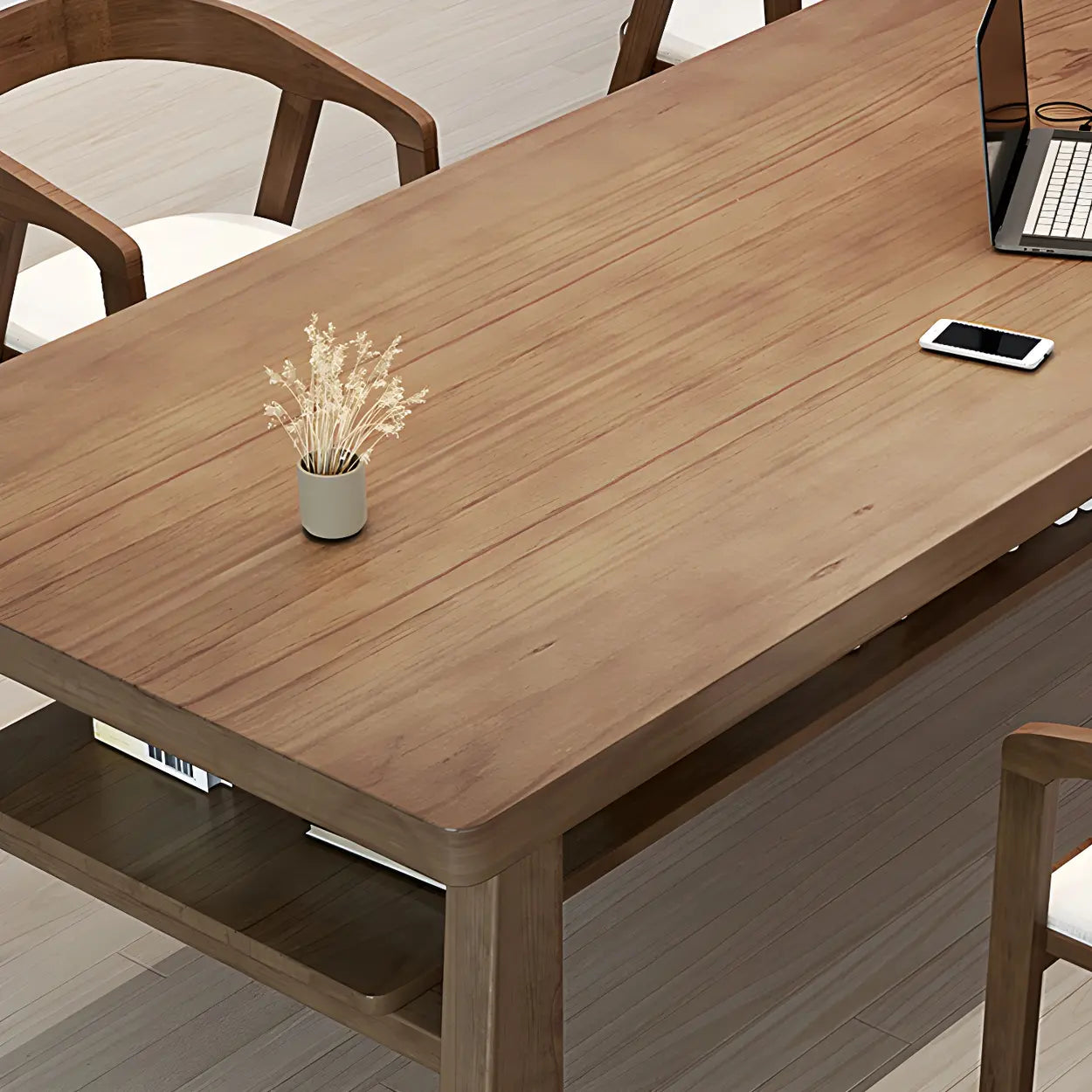 Brown Pine Rectangular Study Desk with Shelf