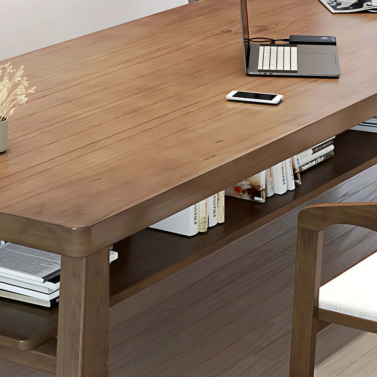 Brown Pine Rectangular Study Desk with Shelf