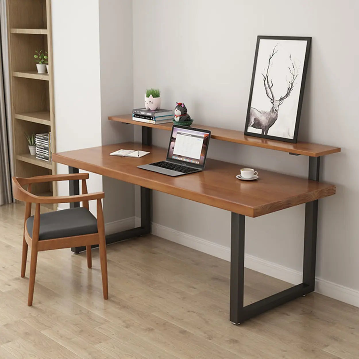 Brown Pine Shelf Butcher Block Sled Writing Desk — Table Only