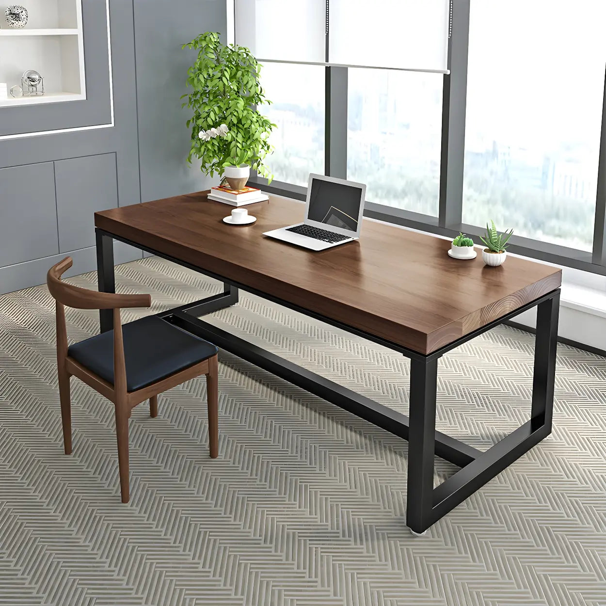 Brown Pine Wood Black Iron-Sled Writing Desk — Table Only
