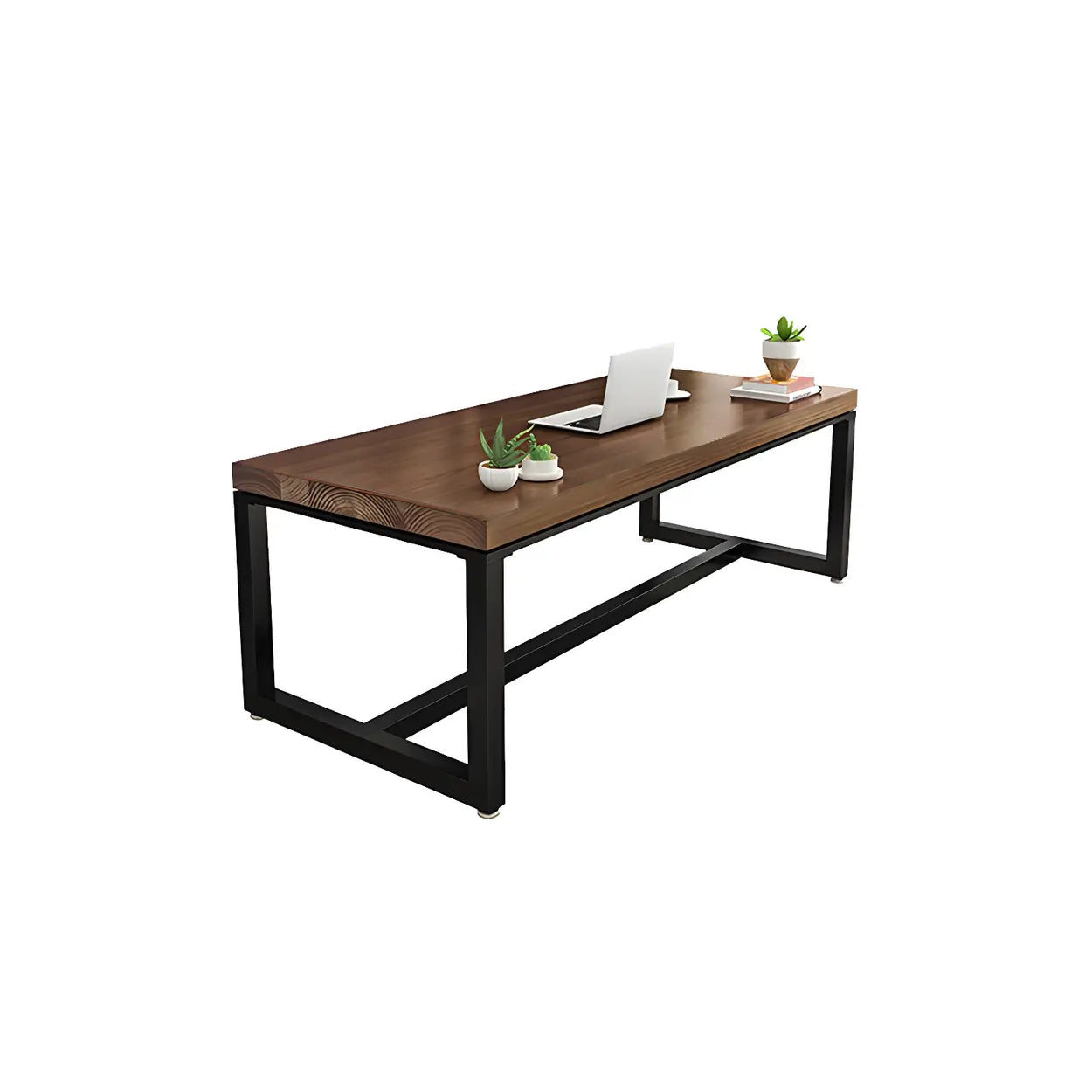 Brown Pine Wood Black Iron-Sled Writing Desk — Table Only