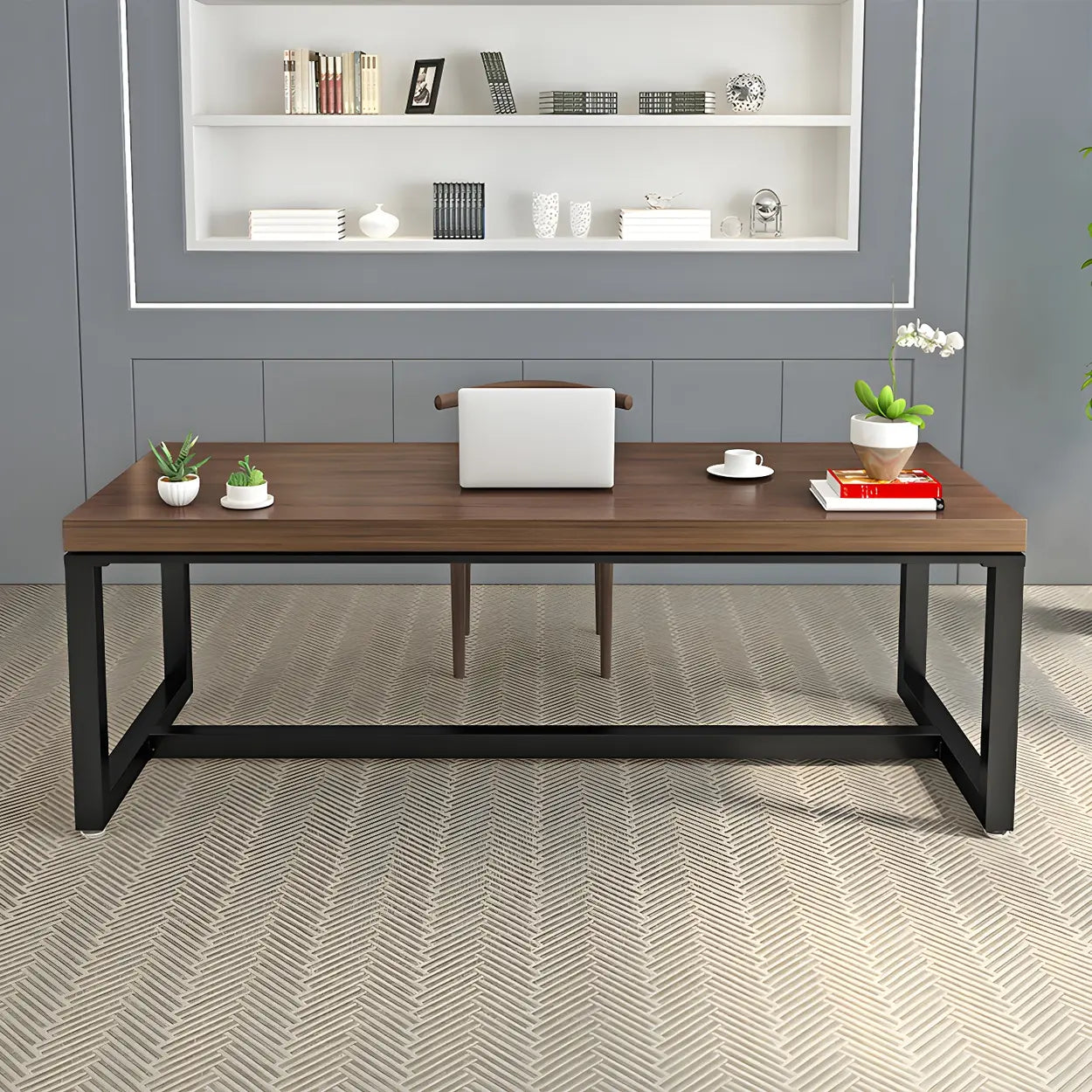 Brown Pine Wood Black Iron-Sled Writing Desk — Table Only