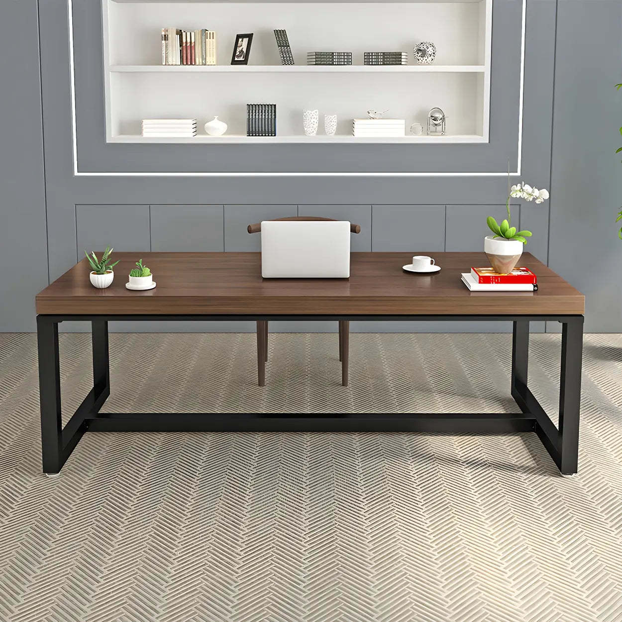 Brown Pine Wood Black Iron-Sled Writing Desk — Table Only