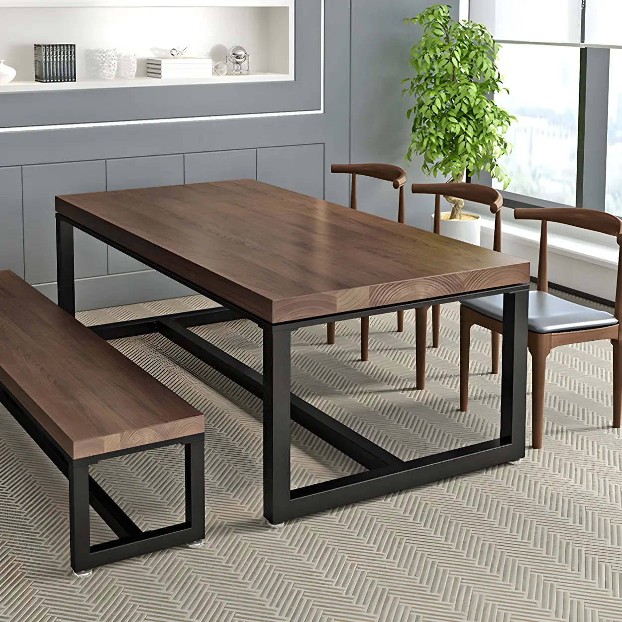 Brown Pine Wood Black Iron-Sled Writing Desk — Table Only
