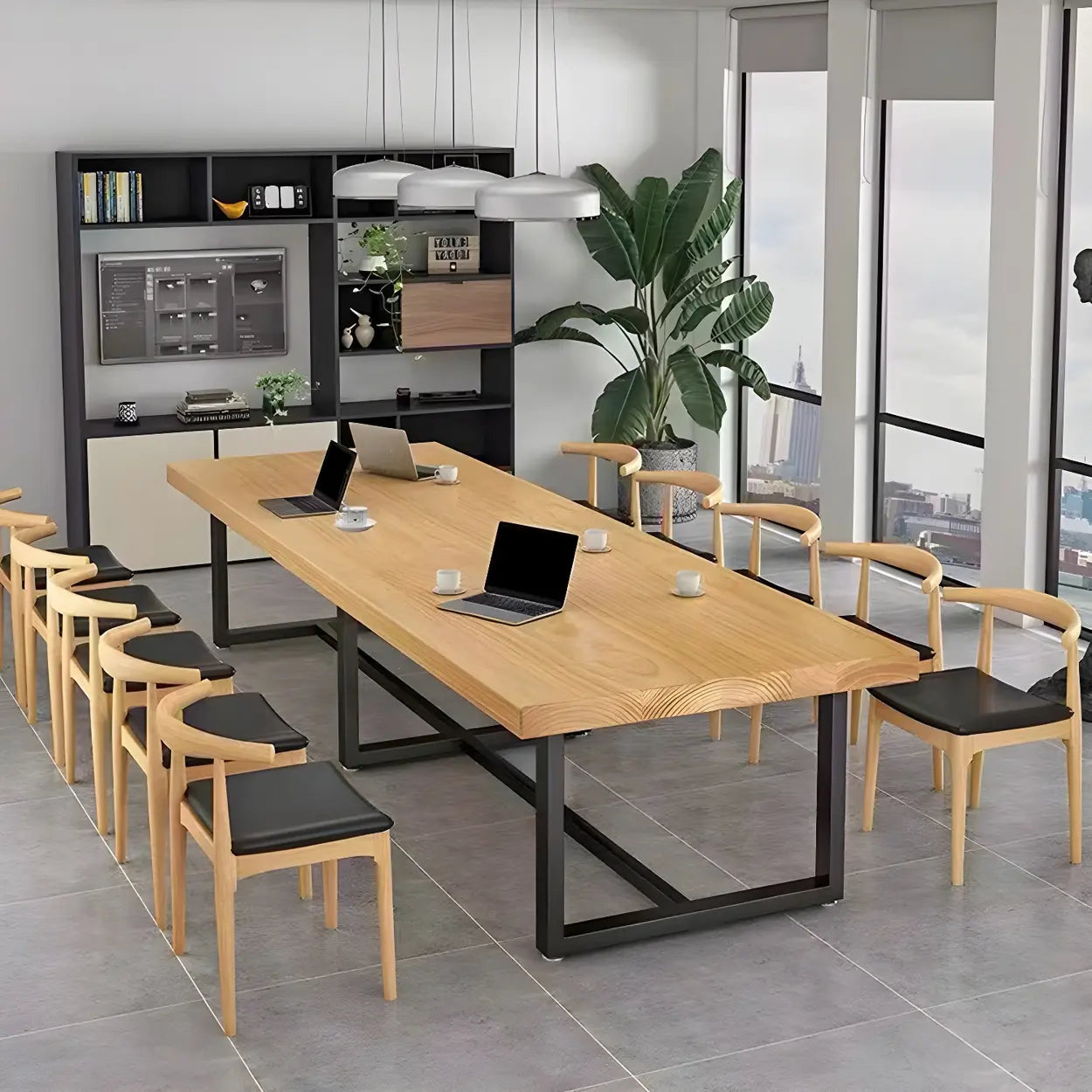 Brown Pine Wood Black Sled Conference Table for 10