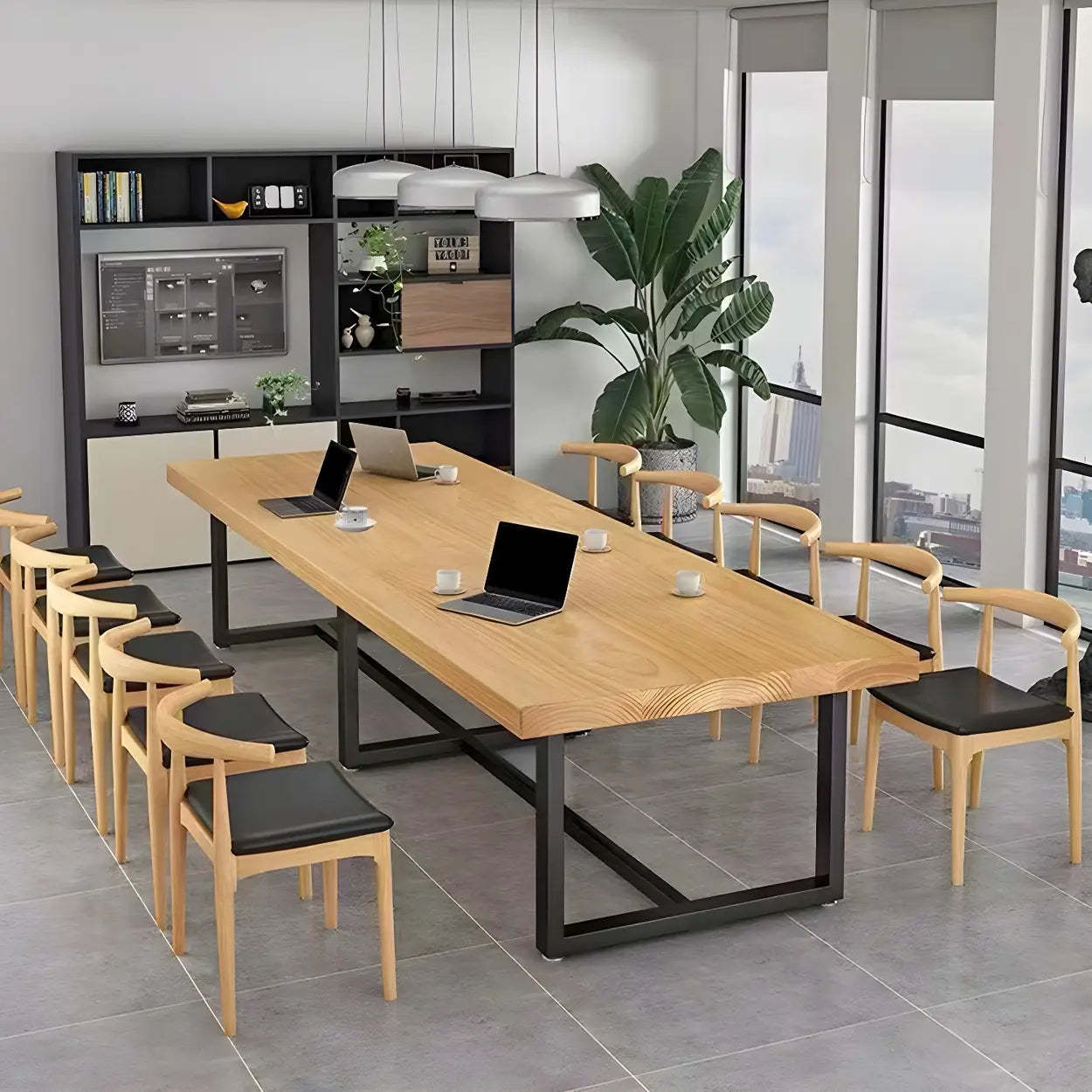 Brown Pine Wood Black Sled Conference Table for 10 — Table Only
