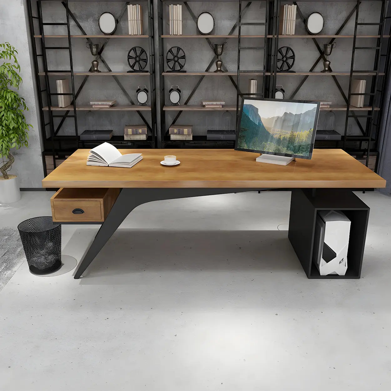 Brown Pine Wood Office Desk with Drawers