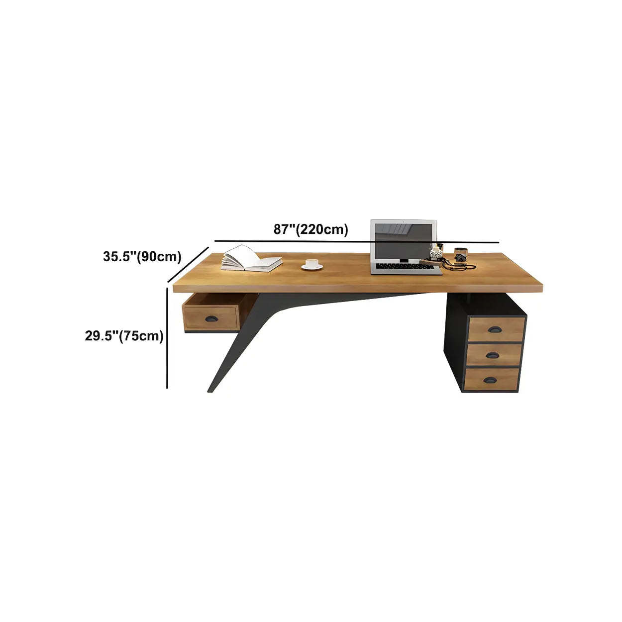 Brown Pine Wood Office Desk with Drawers