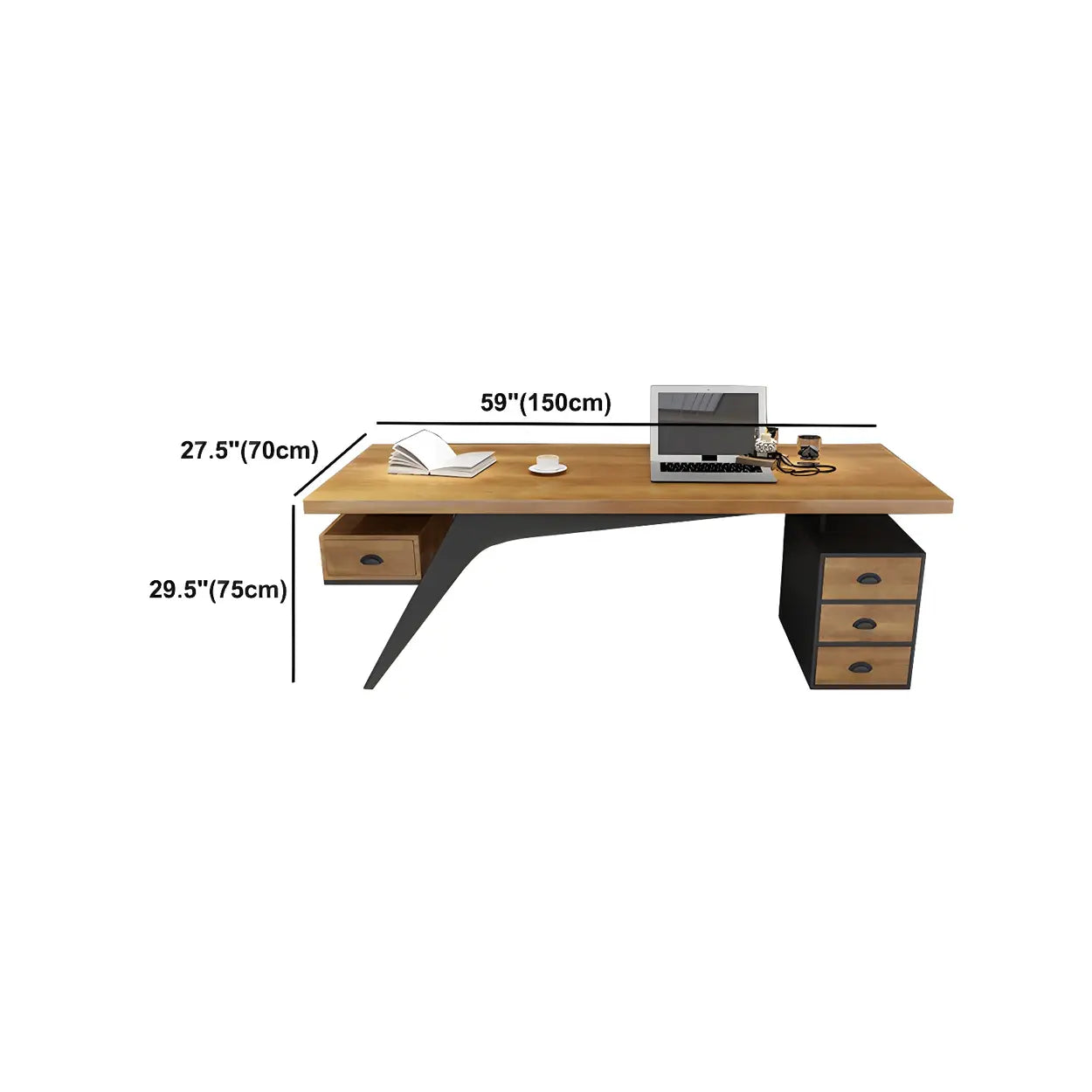 Brown Pine Wood Office Desk with Drawers