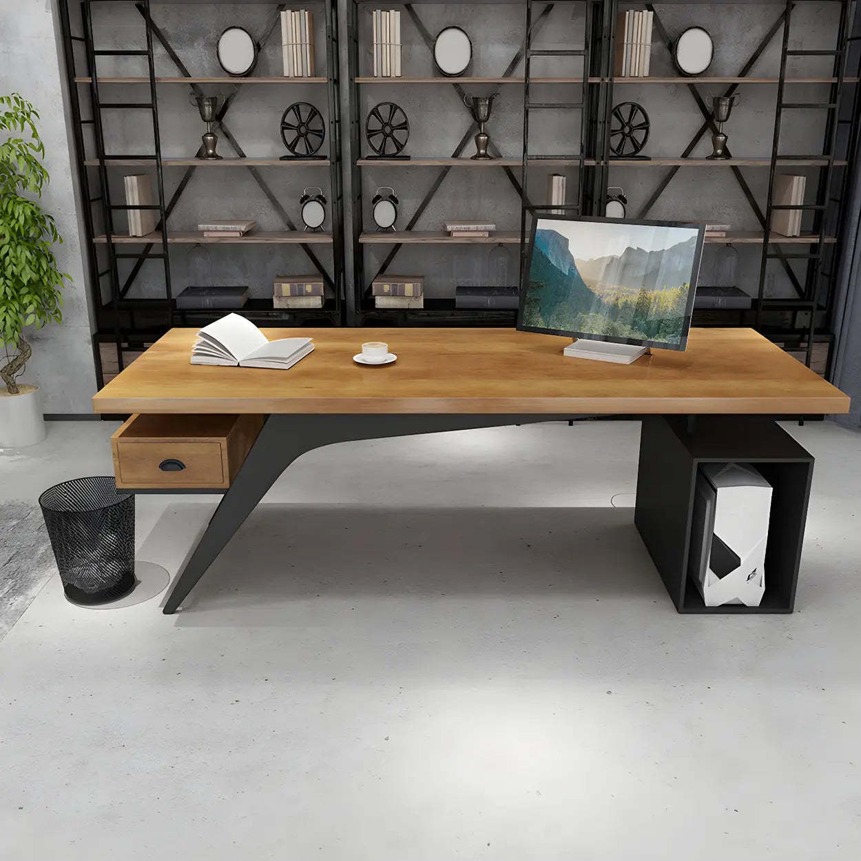 Brown Pine Wood Office Desk with Drawers — Drawers / Table Only