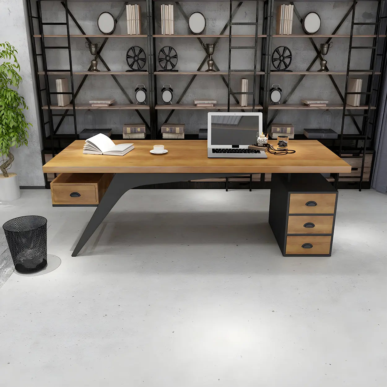 Brown Pine Wood Office Desk with Drawers — with CPU Storage / Table Only