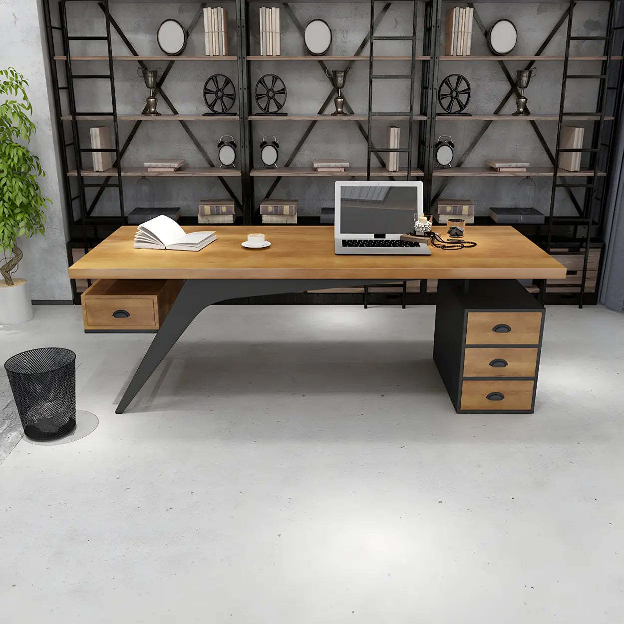 Brown Pine Wood Office Desk with Drawers — with CPU Storage / Table Only