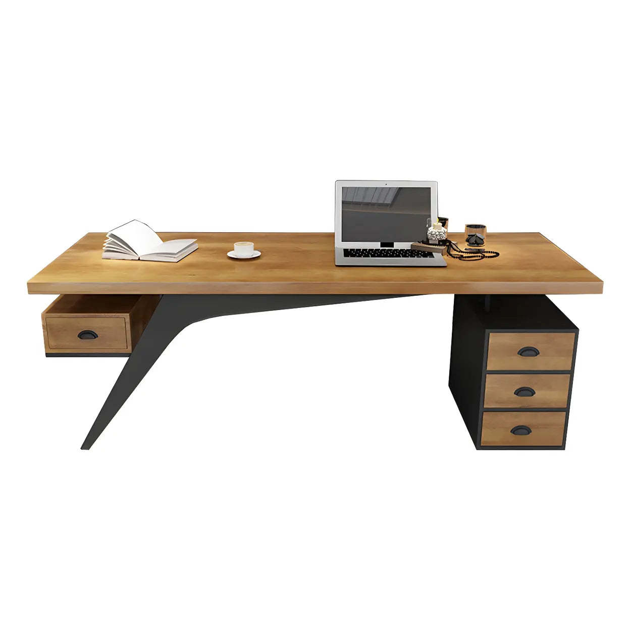 Brown Pine Wood Office Desk with Drawers — Drawers / Table Only