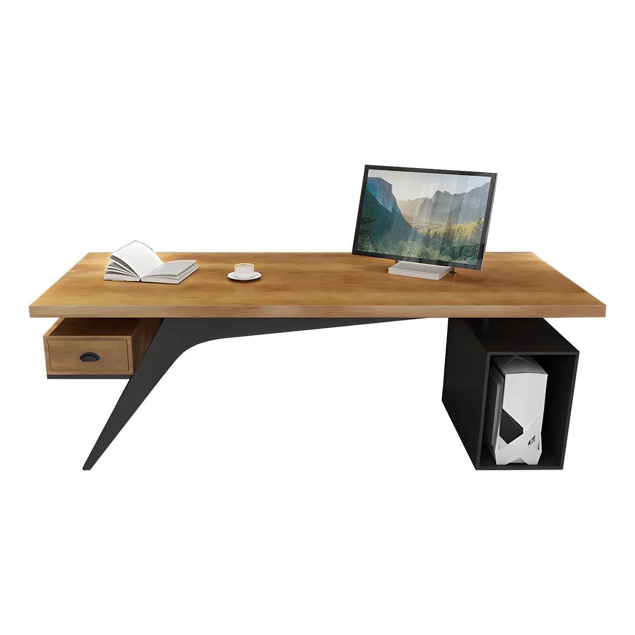 Brown Pine Wood Office Desk with Drawers — with CPU Storage / Table Only