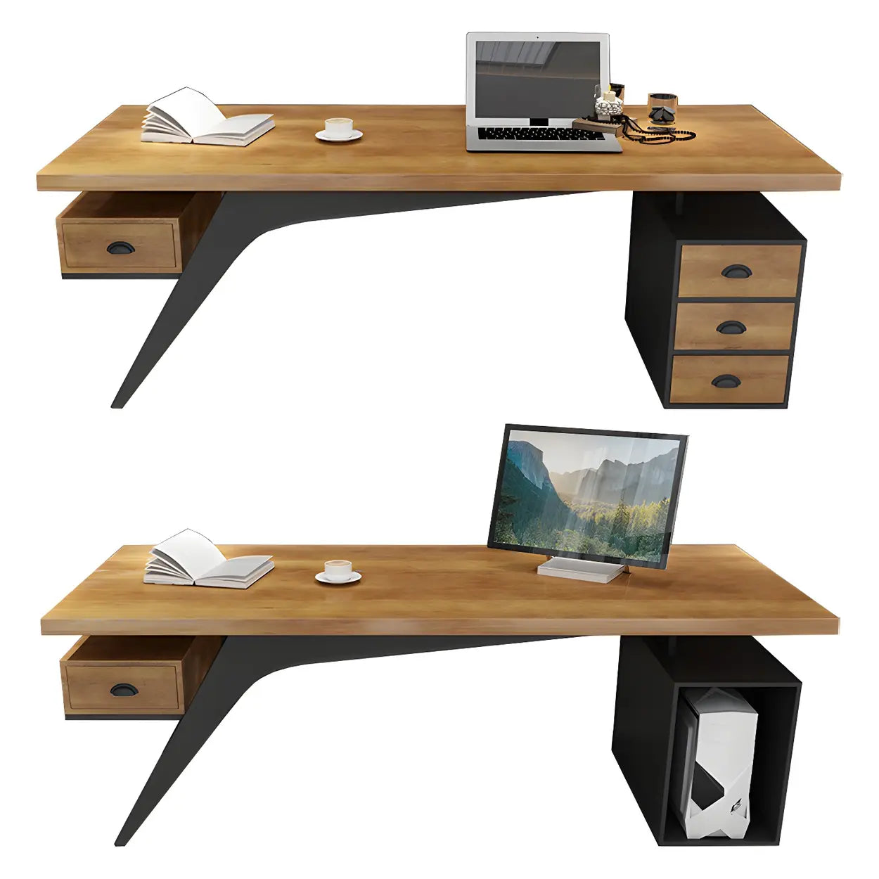 Brown Pine Wood Office Desk with Drawers — Drawers / Table Only