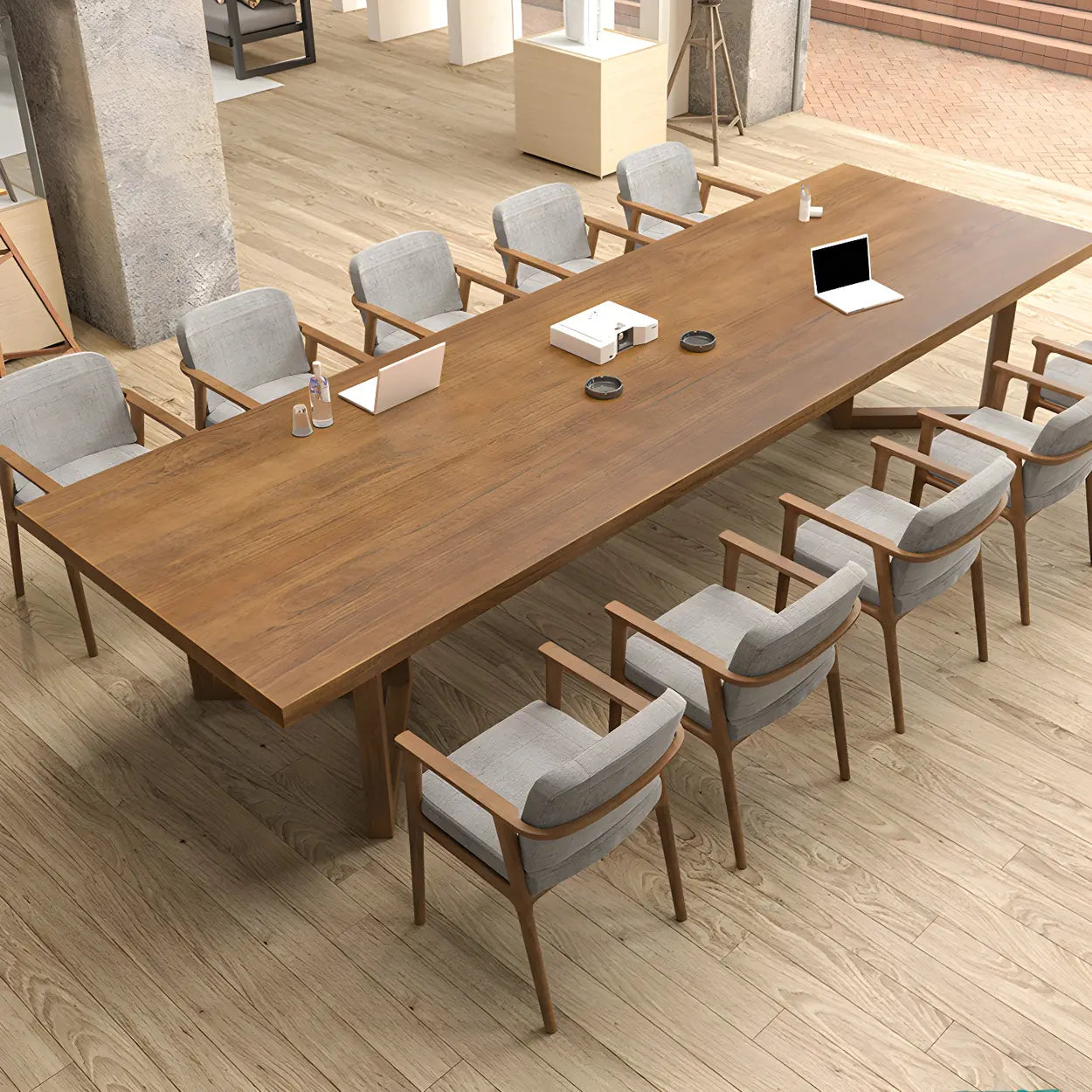 Brown Pine Sled Long Writing Desk for 10