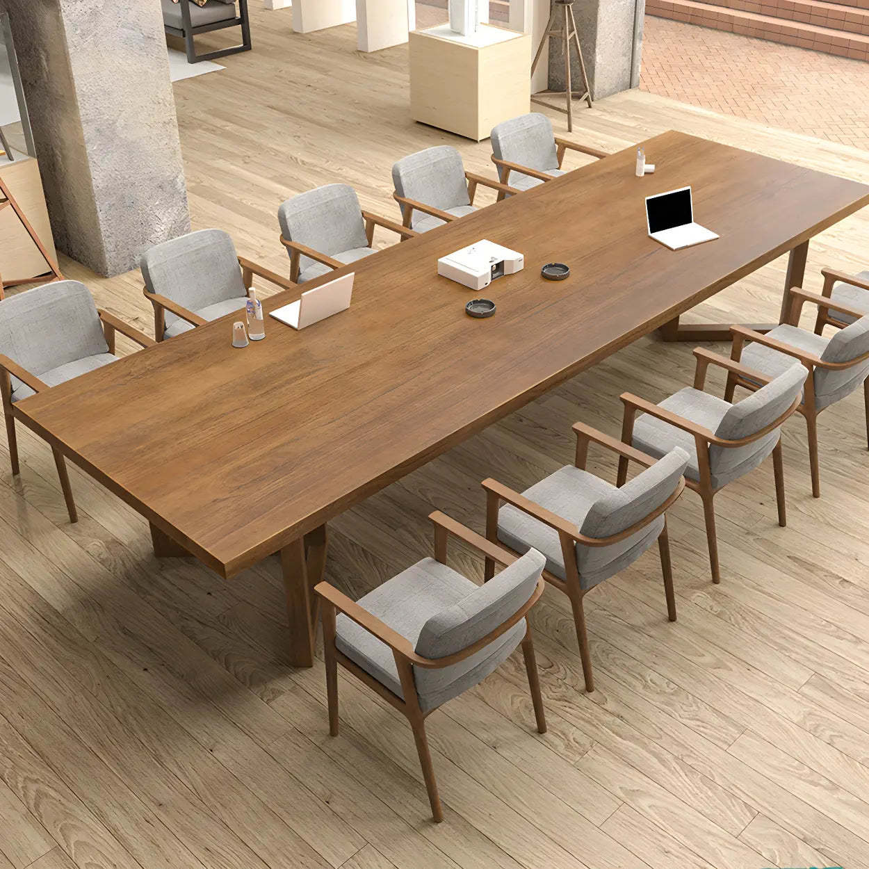 Brown Pine Sled Long Writing Desk for 10 — Table Only
