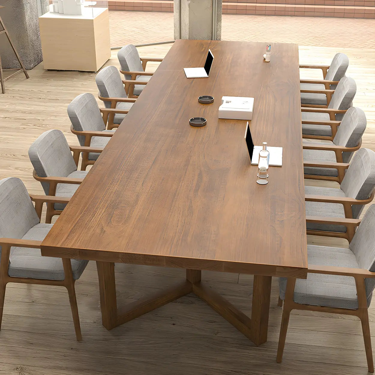 Brown Pine Sled Long Writing Desk for 10 — Table Only