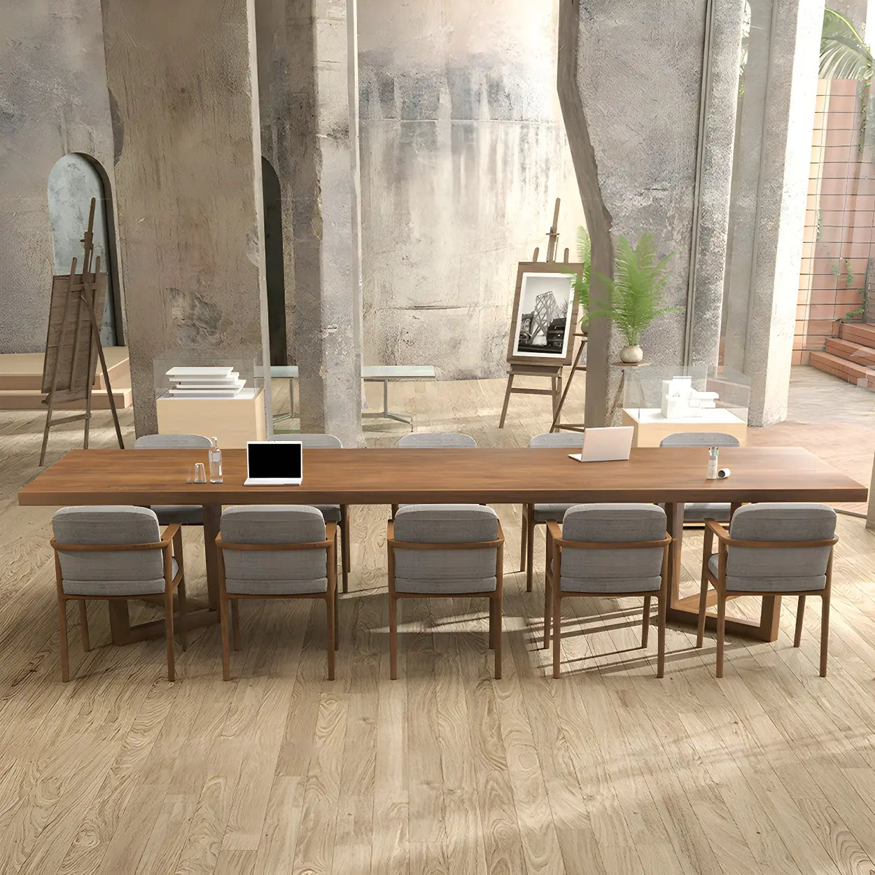 Brown Pine Sled Long Writing Desk for 10 — Table Only