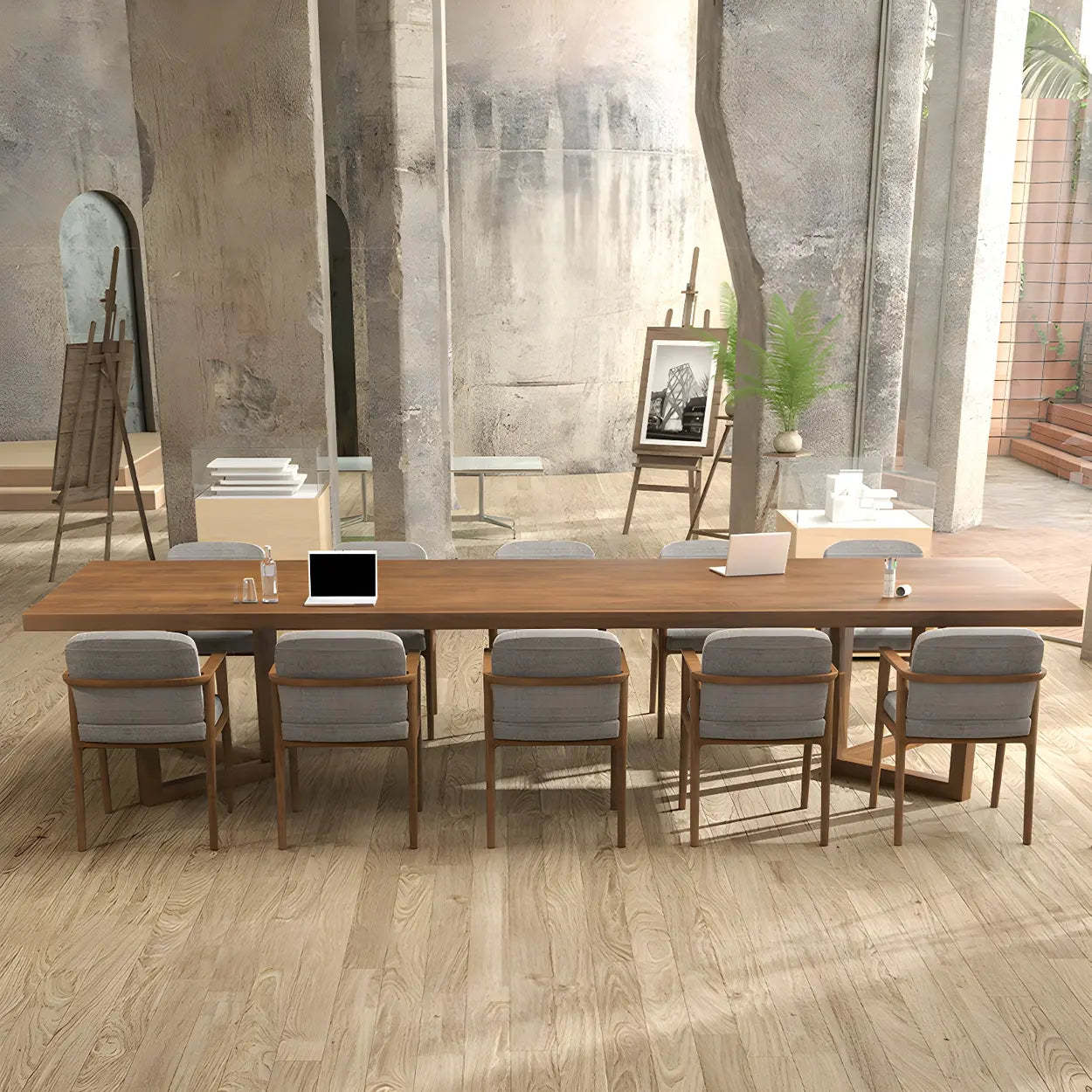 Brown Pine Sled Long Writing Desk for 10 — Table Only