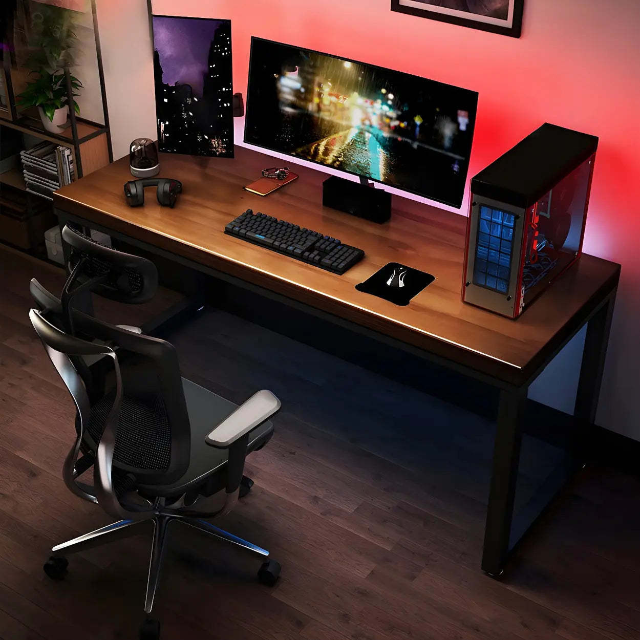 Brown Pine Wood Steel Sled Gaming Desk — Table Only