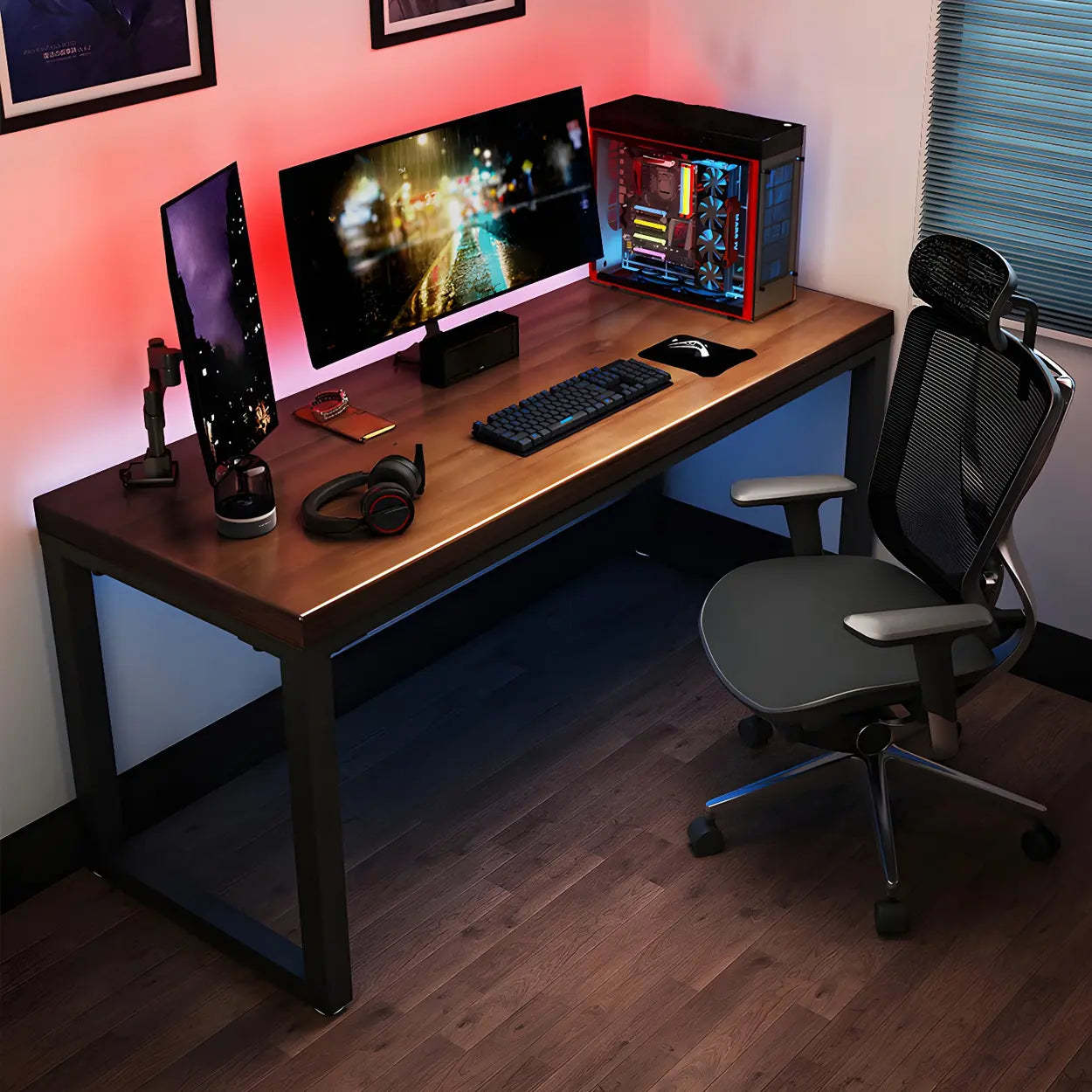 Brown Pine Wood Steel Sled Gaming Desk