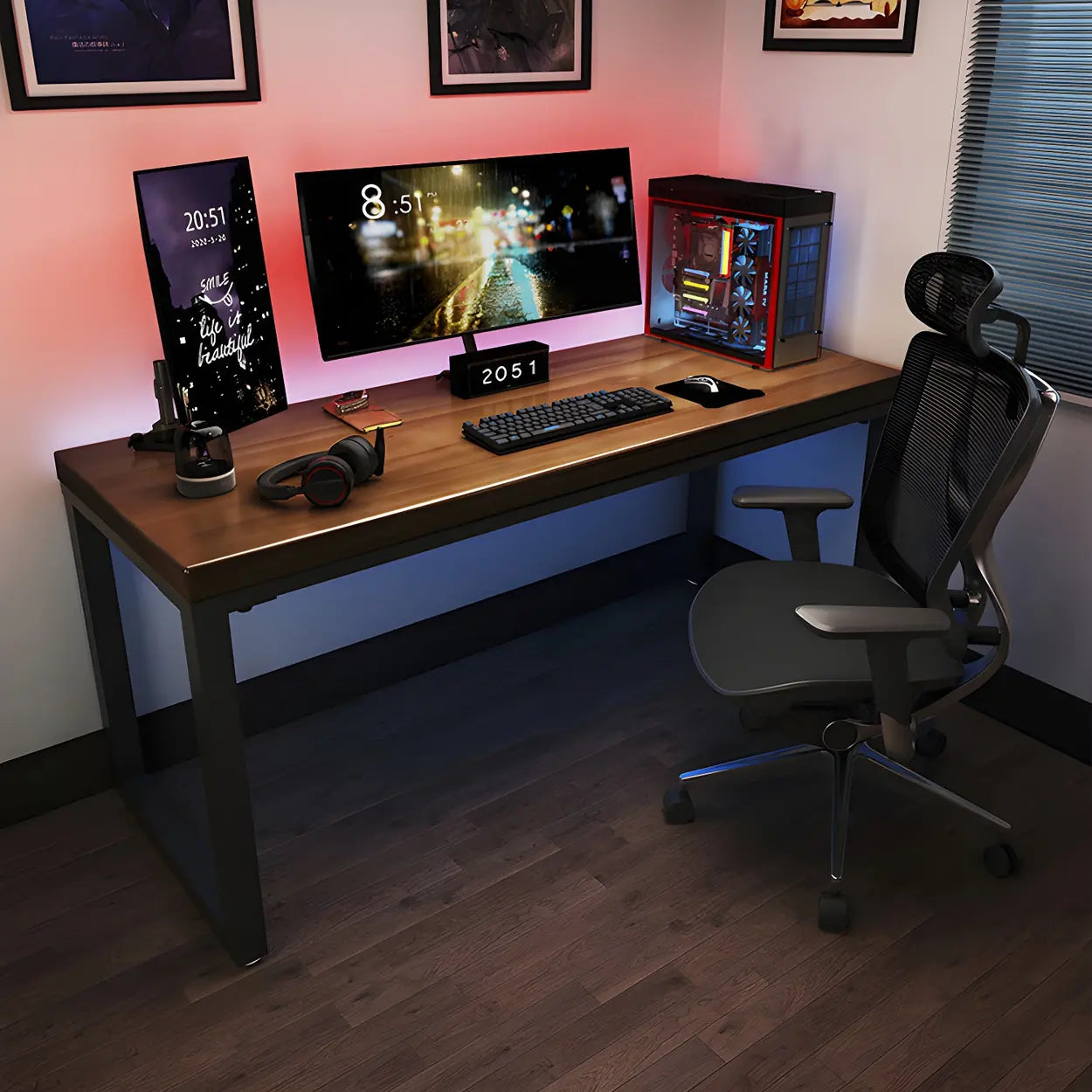 Brown Pine Wood Steel Sled Gaming Desk