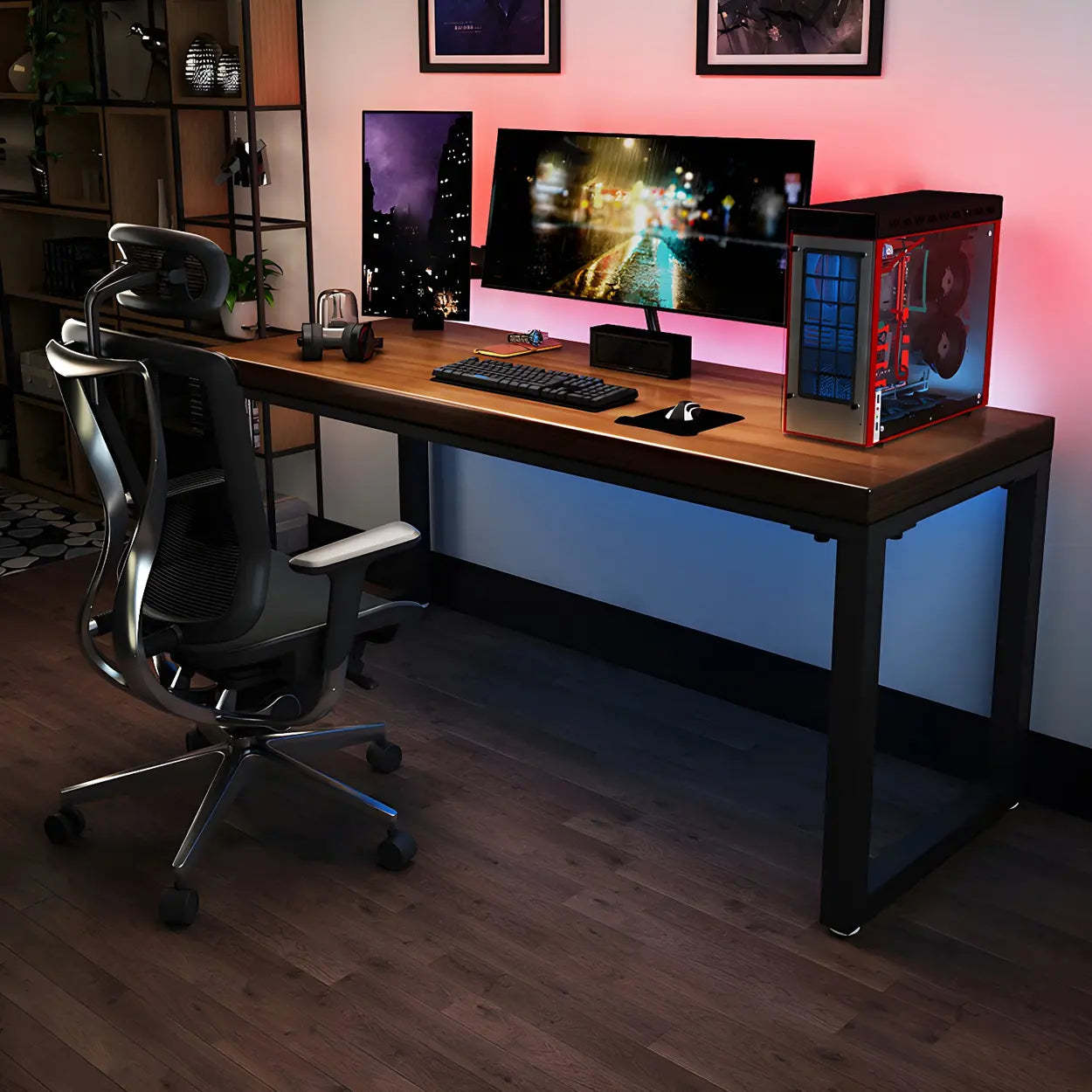 Brown Pine Wood Steel Sled Gaming Desk — Table Only