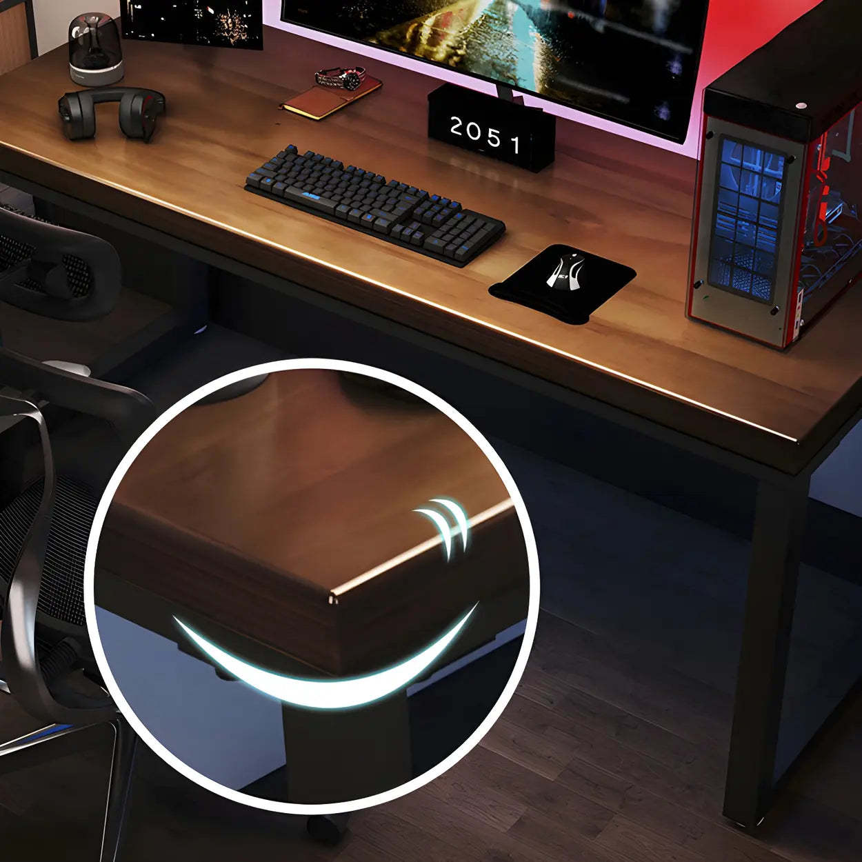 Brown Pine Wood Steel Sled Gaming Desk — Table Only