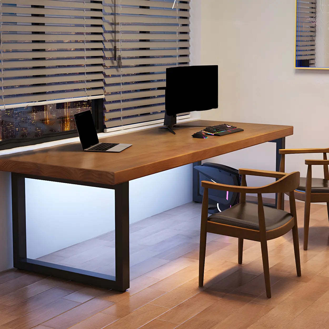 Brown Pine Wood Steel Sledge Gaming Desk — Table Only