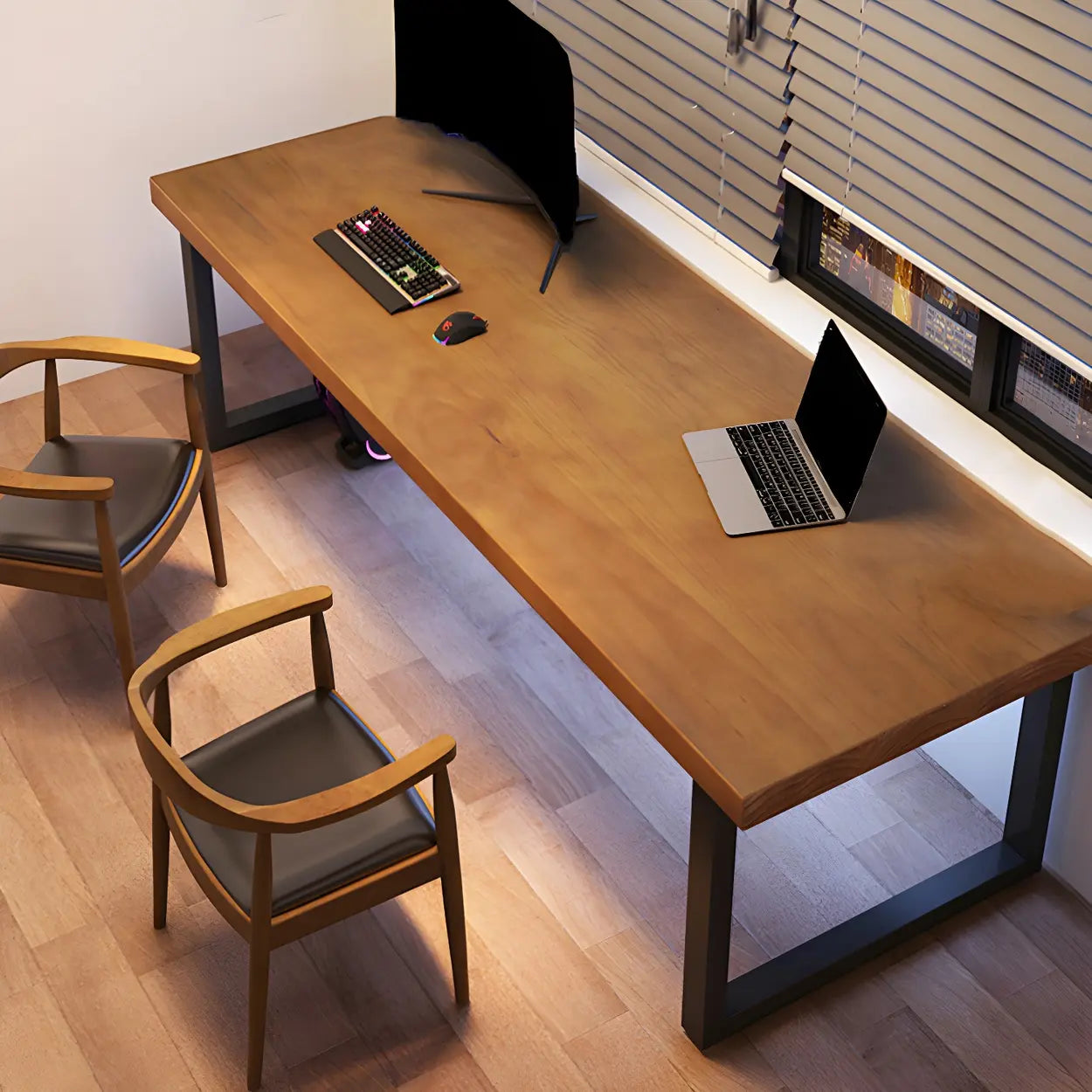 Brown Pine Wood Steel Sledge Gaming Desk — Table Only