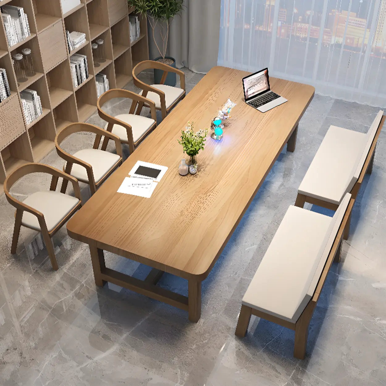 Brown Pine Trestle Study Desk for Eight — Table Only