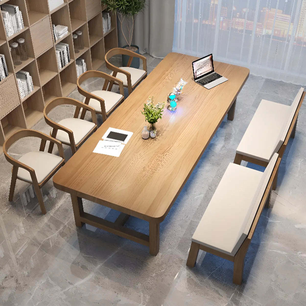 Brown Pine Trestle Study Desk for Eight — Table Only